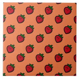 Cute Red Cartoon Strawberries for Vegetarians Ceramic Tile