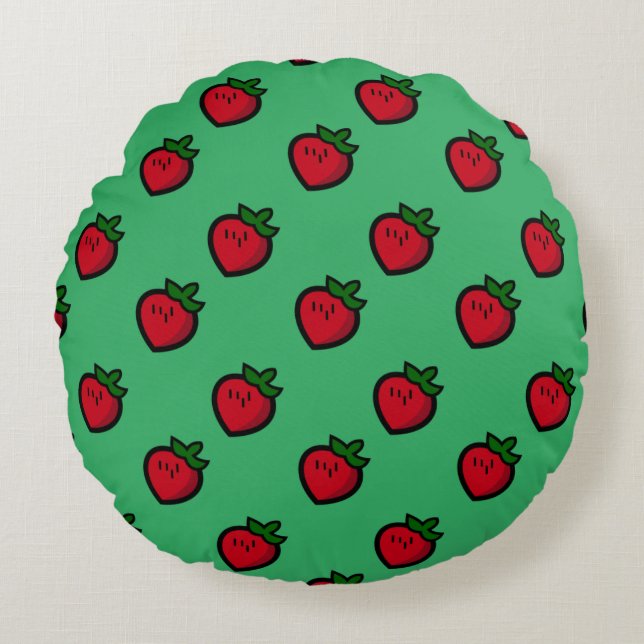 Cute Red Cartoon Strawberries for Vegetarians Round Cushion (Front)