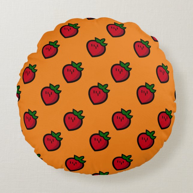 Cute Red Cartoon Strawberries for Vegetarians Round Cushion (Front)