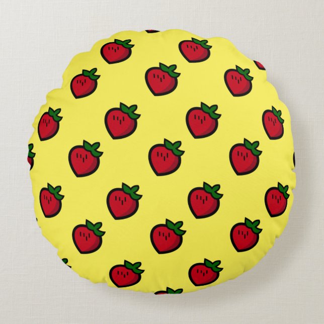 Cute Red Cartoon Strawberries for Vegetarians Round Cushion (Front)