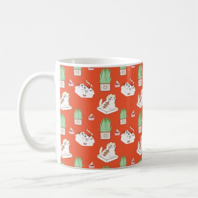 Cute Red Cat and Grass Pattern | That Cat Life Coffee Mug (Left)
