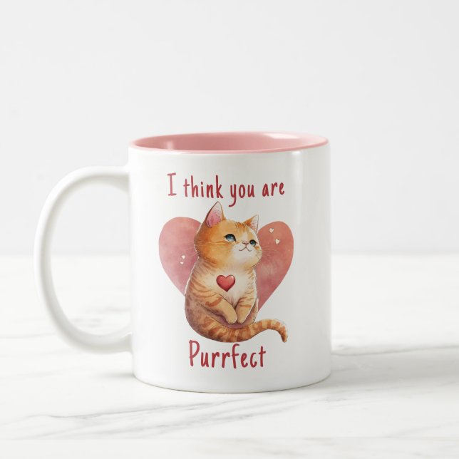 Cute red cat love pun fun Valentine Two-Tone Coffee Mug (Left)
