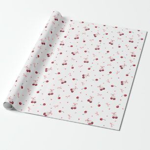 Cute Red Cherries Hearts Bows Wrapping Paper