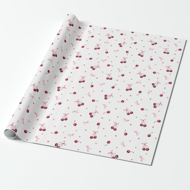 Cute Red Cherries Hearts Bows  Wrapping Paper (Unrolled)