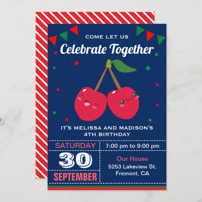 Cute Red Cherries Twins Birthday Party Invitation (Front/Back)