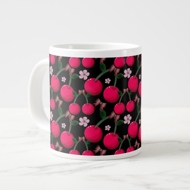 Cute red Cherry floral pattern  Large Coffee Mug (Front Left)