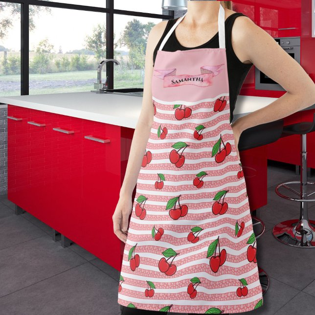 Cute Red Cherry Fruit Design Personalised Name  Apron (Creator Uploaded)