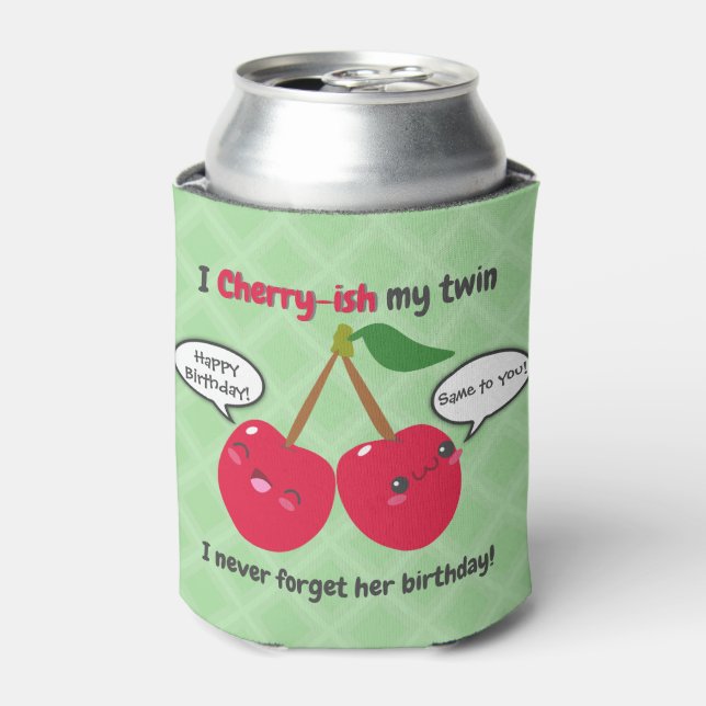 Cute Red Cherry Kawaii Twins Birthday Can Cooler (Can Front)
