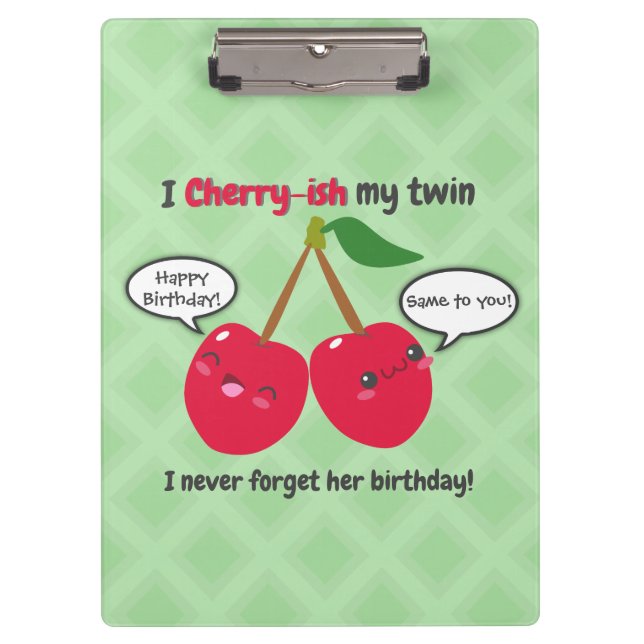 Cute Red Cherry Kawaii Twins Birthday Clipboard (Front)