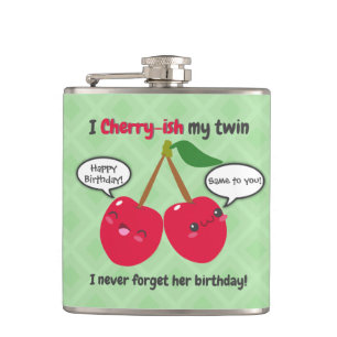 Cute Red Cherry Kawaii Twins Birthday Hip Flask