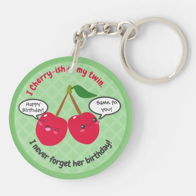 Cute Red Cherry Kawaii Twins Birthday Key Ring (Back)