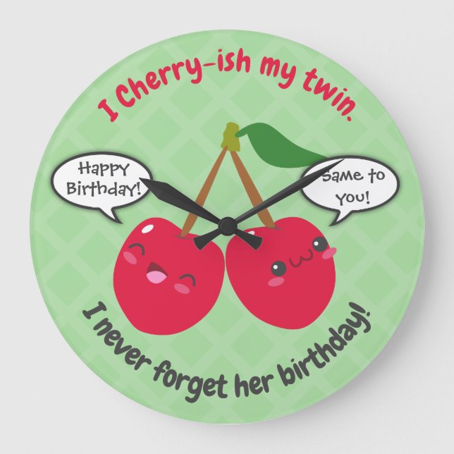 Cute Red Cherry Kawaii Twins Birthday Large Clock (Front)