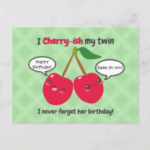 Cute Red Cherry Kawaii Twins Birthday Postcard