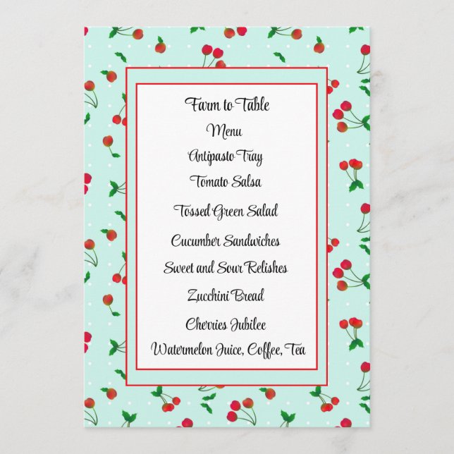 Cute Red Cherry Stems on Teal Menu Card (Front)