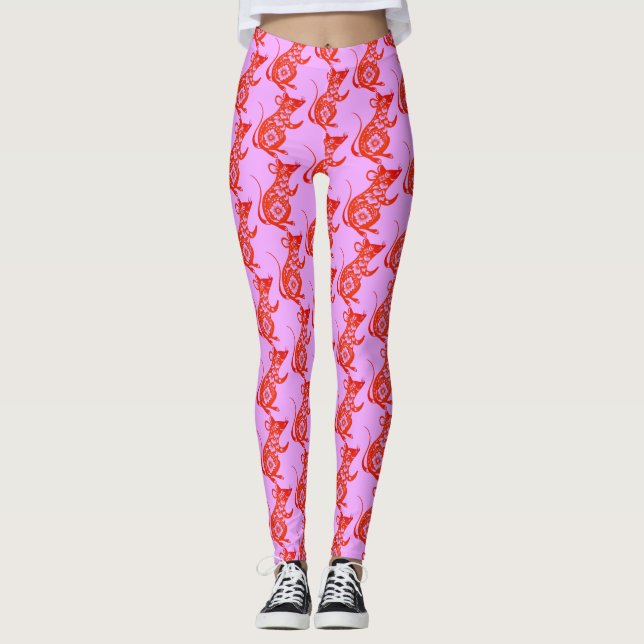 Cute Red Chinese Rat paper-cut New Year Birthday L Leggings (Front)