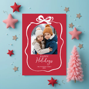 Cute Red Christmas 4 Photo Hand-Drawn Bow Ribbon Holiday Card