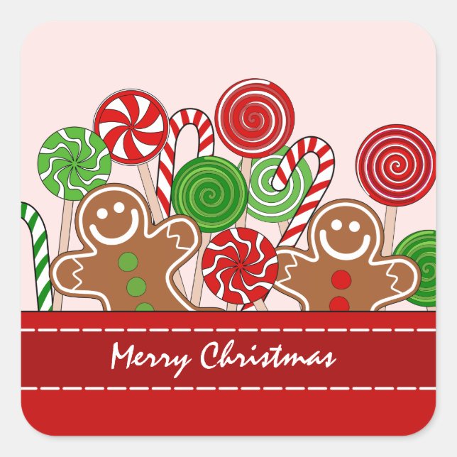 Cute red Christmas gingerbreads Square Sticker (Front)