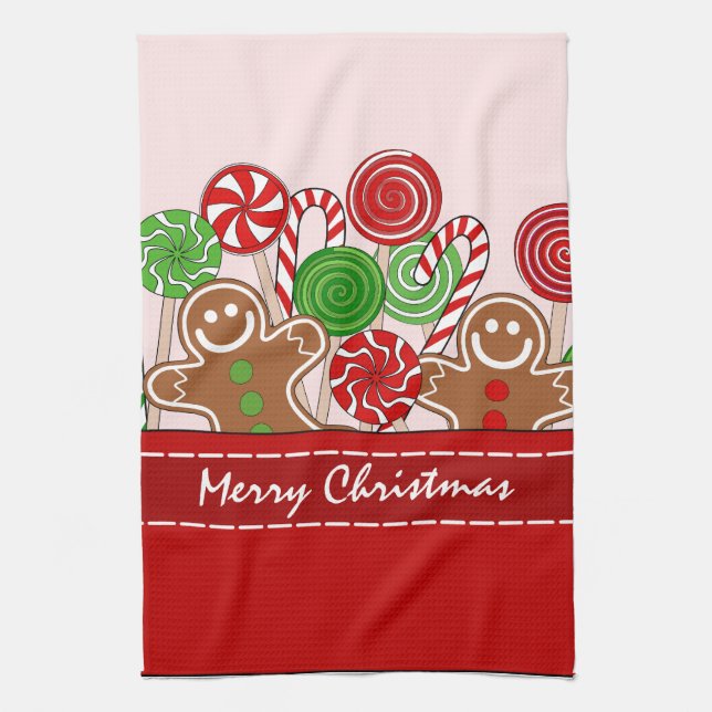 Cute red Christmas gingerbreads Tea Towel (Vertical)