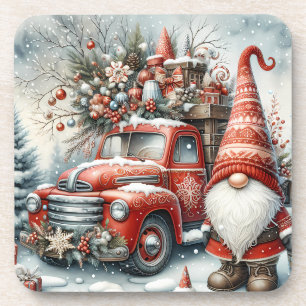 Cute Red Christmas Gnome/Vintage Truck Coaster
