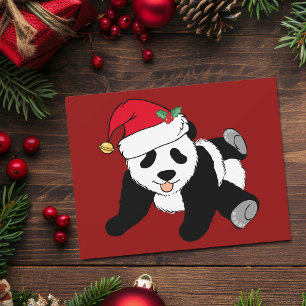 Cute Red Christmas Panda Bear in Santa Hat Holiday Card