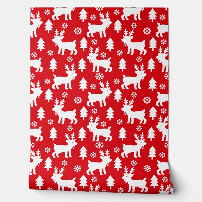 Cute Red Christmas Reindeer Pattern Kids Nursery Wallpaper (Unrolling)