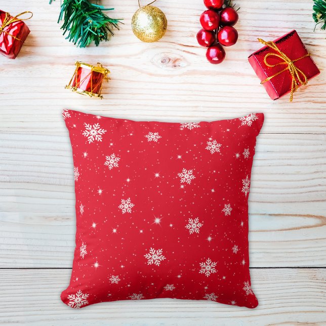 Cute Red Christmas Stars Snowflakes Pattern Cushion (Creator Uploaded)