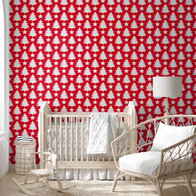 Cute Red Christmas Tree Pattern Kids Nursery Room Wallpaper (Kids)