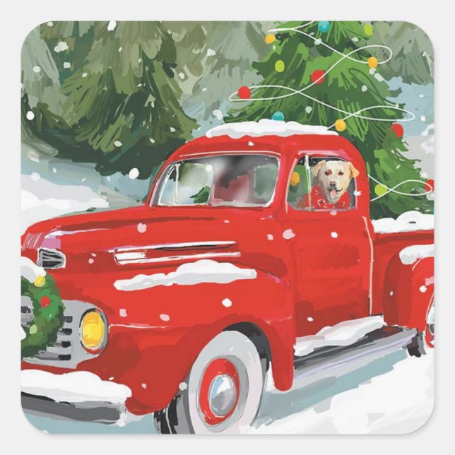 Cute Red Christmas Truck With Dog Square Sticker (Front)