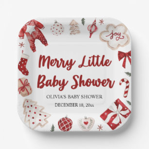 Cute Red Christmas Winter Merry Little Baby Shower Paper Plate