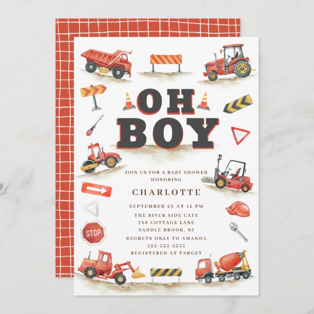 Cute Red Construction Truck Baby Shower Invitation (Front/Back)
