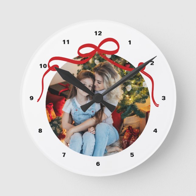 Cute Red Coquette Bow Ribbon Custom Photo Gift Round Clock (Front)