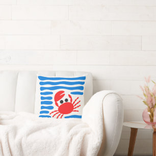 Cute Red Crab & Blue Waves Coastal Chowder Cushion