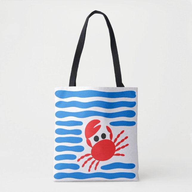 Cute Red Crab & Blue Waves Coastal Tote Bag (Front)