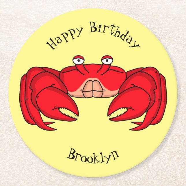 Cute red crab cartoon illustration round paper coaster (Front)