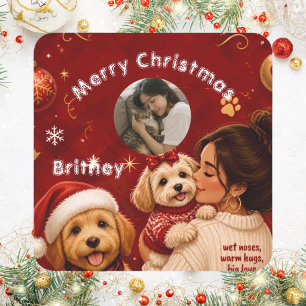 Cute Red Crimson Merry Christmas Dog Name Photo Square Sticker