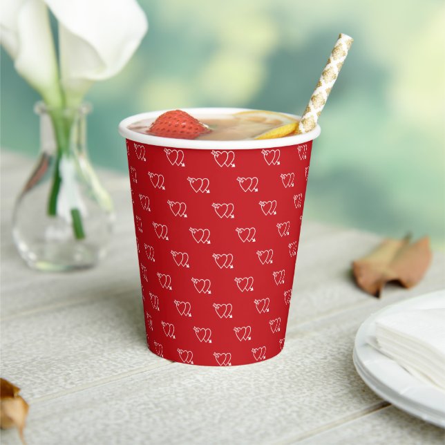 Cute red cupid crossed arrow hearts pattern modern paper cups (Insitu)