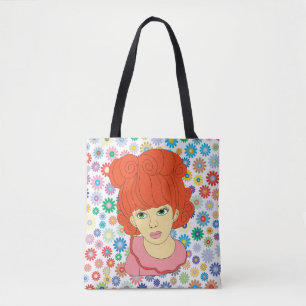 Cute Red Curly Hair Little Girl flowers art Tote Bag