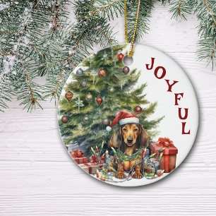 Cute Red Dachshund Dog Wrapped in Christmas Lights Ceramic Ornament