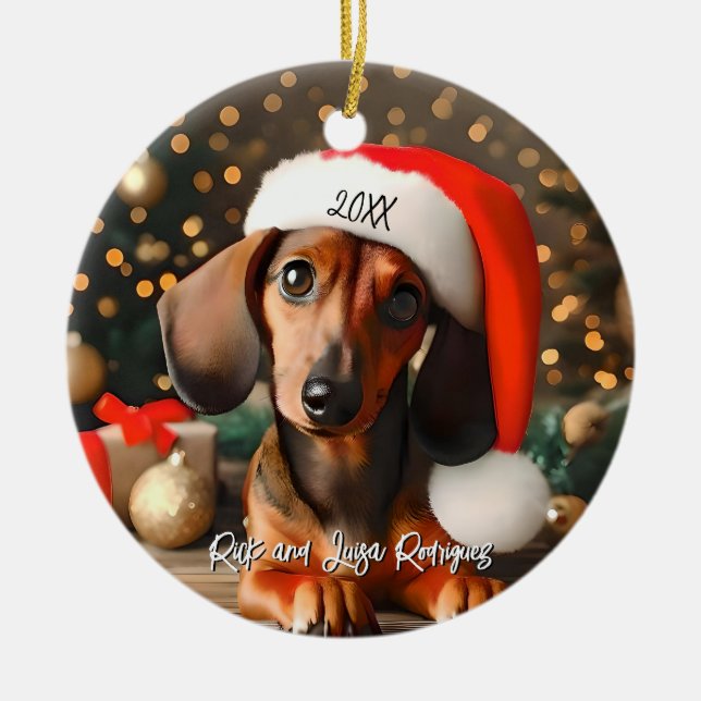 Cute Red Dachshund Puppy with Santa Hat Ceramic Ornament (Front)