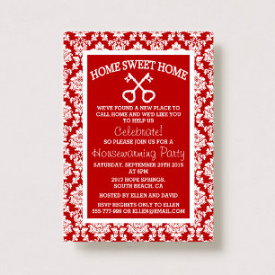 Cute Red Damask Home Sweet Home Housewarming Invitation