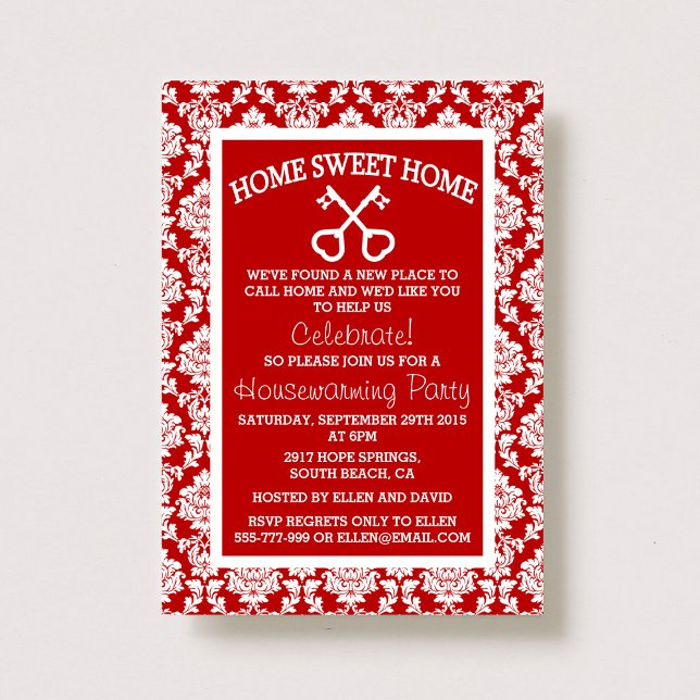 Cute Red Damask Home Sweet Home Housewarming Invitation (Creator Uploaded)