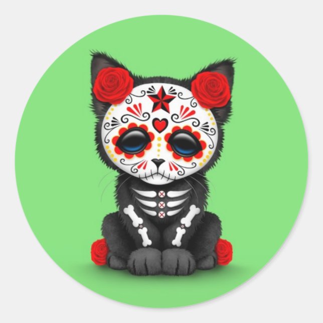 Cute Red Day of the Dead Kitten Cat, green Classic Round Sticker (Front)