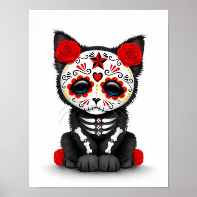 Cute Red Day of the Dead Kitten Cat, white Poster (Front)