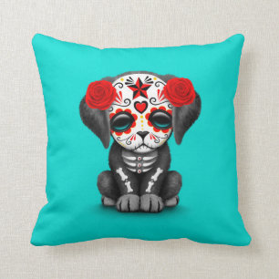 Cute Red Day of the Dead Puppy Dog Blue Cushion