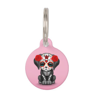 Cute Red Day of the Dead Puppy Dog Pink Pet Tag