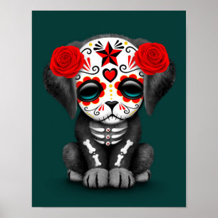 Cute Red Day of the Dead Puppy Dog Teal Poster