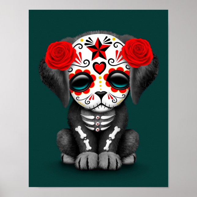 Cute Red Day of the Dead Puppy Dog Teal Poster (Front)