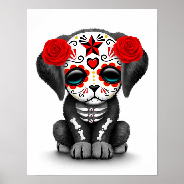 Cute Red Day of the Dead Puppy Dog White Poster (Front)