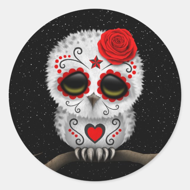 Cute Red Day of the Dead Sugar Skull Owl Stars Classic Round Sticker (Front)