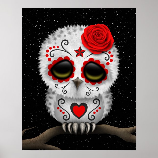 Cute Red Day of the Dead Sugar Skull Owl Stars Poster (Front)